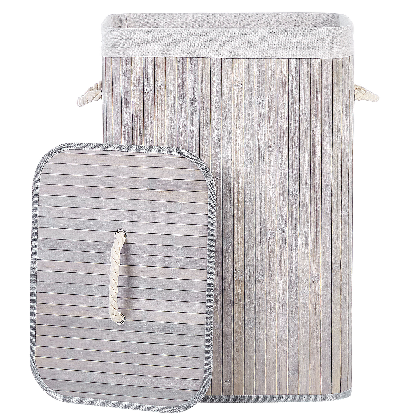 Boho Storage Basket With Lid Bamboo Laundry Bin Light Grey Durable With Removable Liner