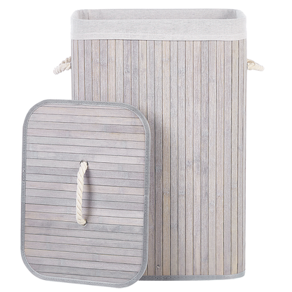 Boho Storage Basket With Lid Bamboo Laundry Bin Light Grey Durable With Removable Liner