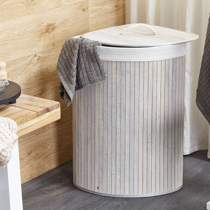 Bamboo Storage Basket With Lid Light Grey Laundry Bin Corner Organizer