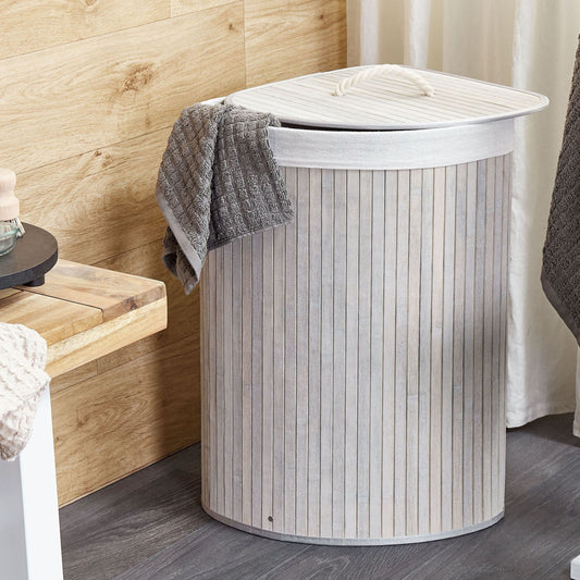 Bamboo Storage Basket With Lid Light Grey Laundry Bin Corner Organizer