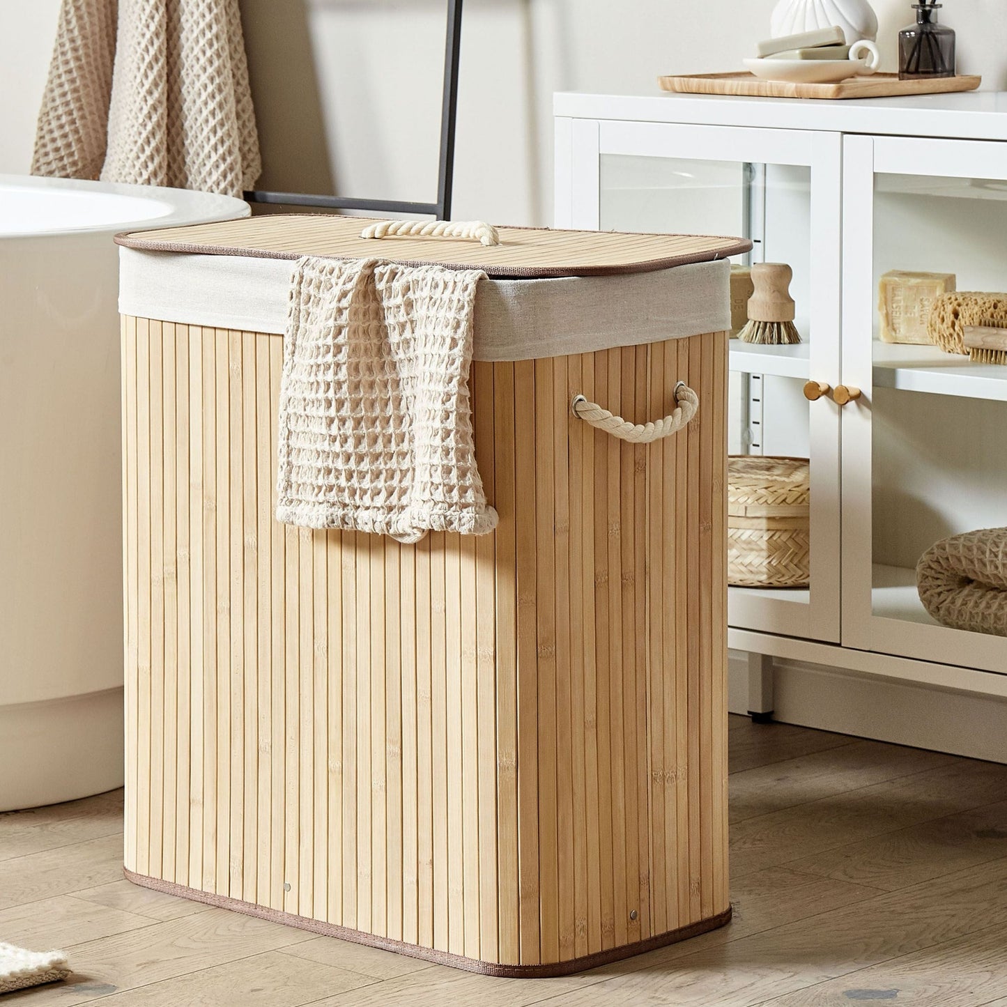 Bamboo Laundry Hamper With Lid Two Compartments Rope Handles Light Brown Natural Finish