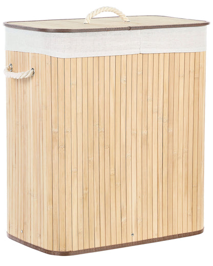 Bamboo Laundry Hamper With Lid Two Compartments Rope Handles Light Brown Natural Finish