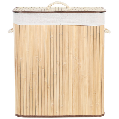Bamboo Laundry Hamper With Lid Two Compartments Rope Handles Light Brown Natural Finish