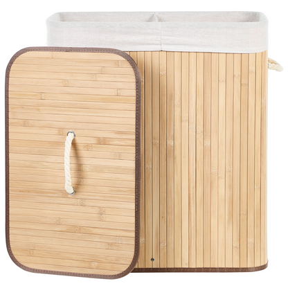 Bamboo Laundry Hamper With Lid Two Compartments Rope Handles Light Brown Natural Finish