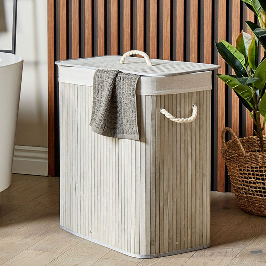 Grey Bamboo Laundry Hamper Lid Two-Compartment Rope Handles