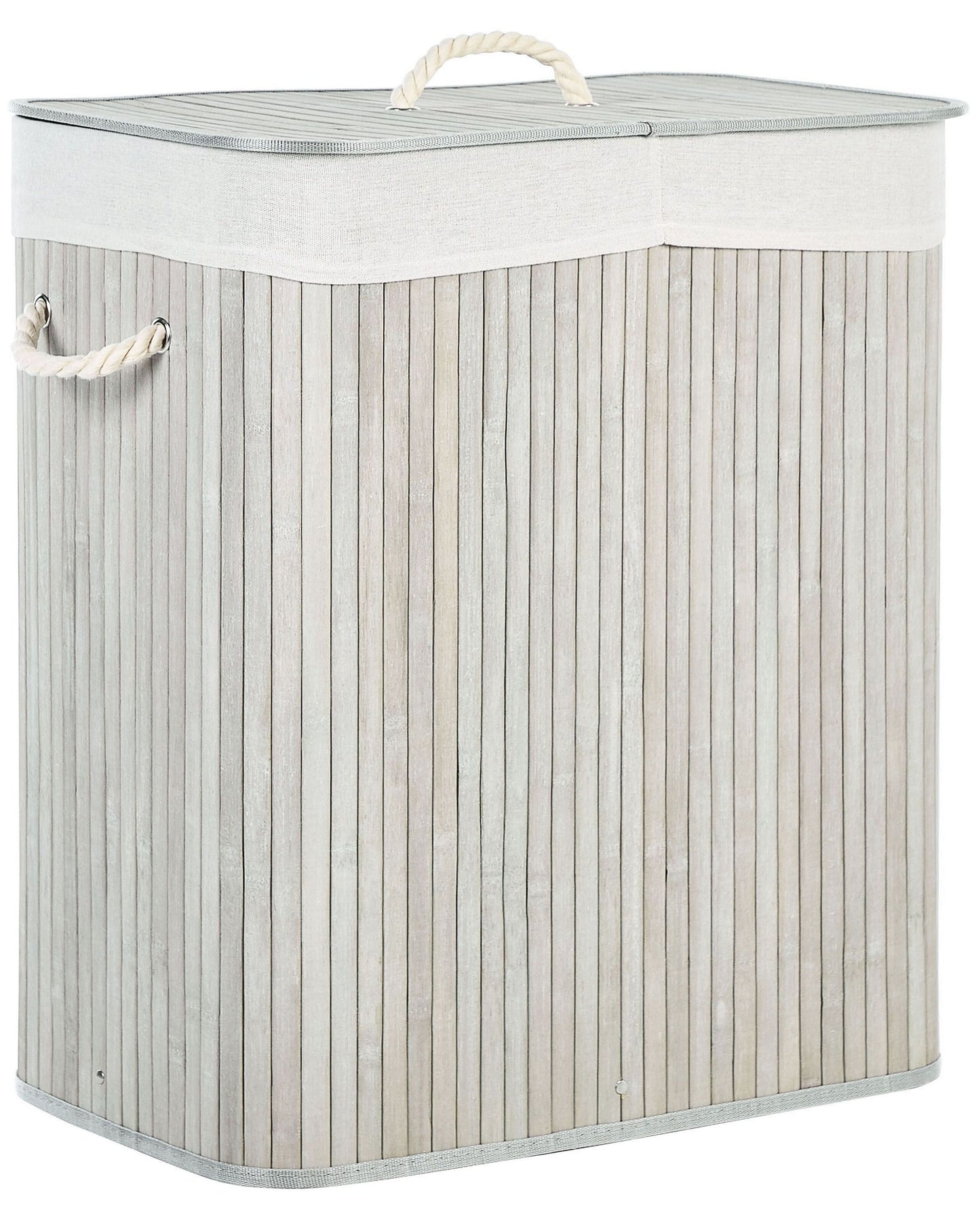 Grey Bamboo Laundry Hamper Lid Two-Compartment Rope Handles