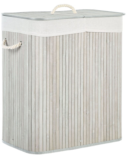 Grey Bamboo Laundry Hamper Lid Two-Compartment Rope Handles