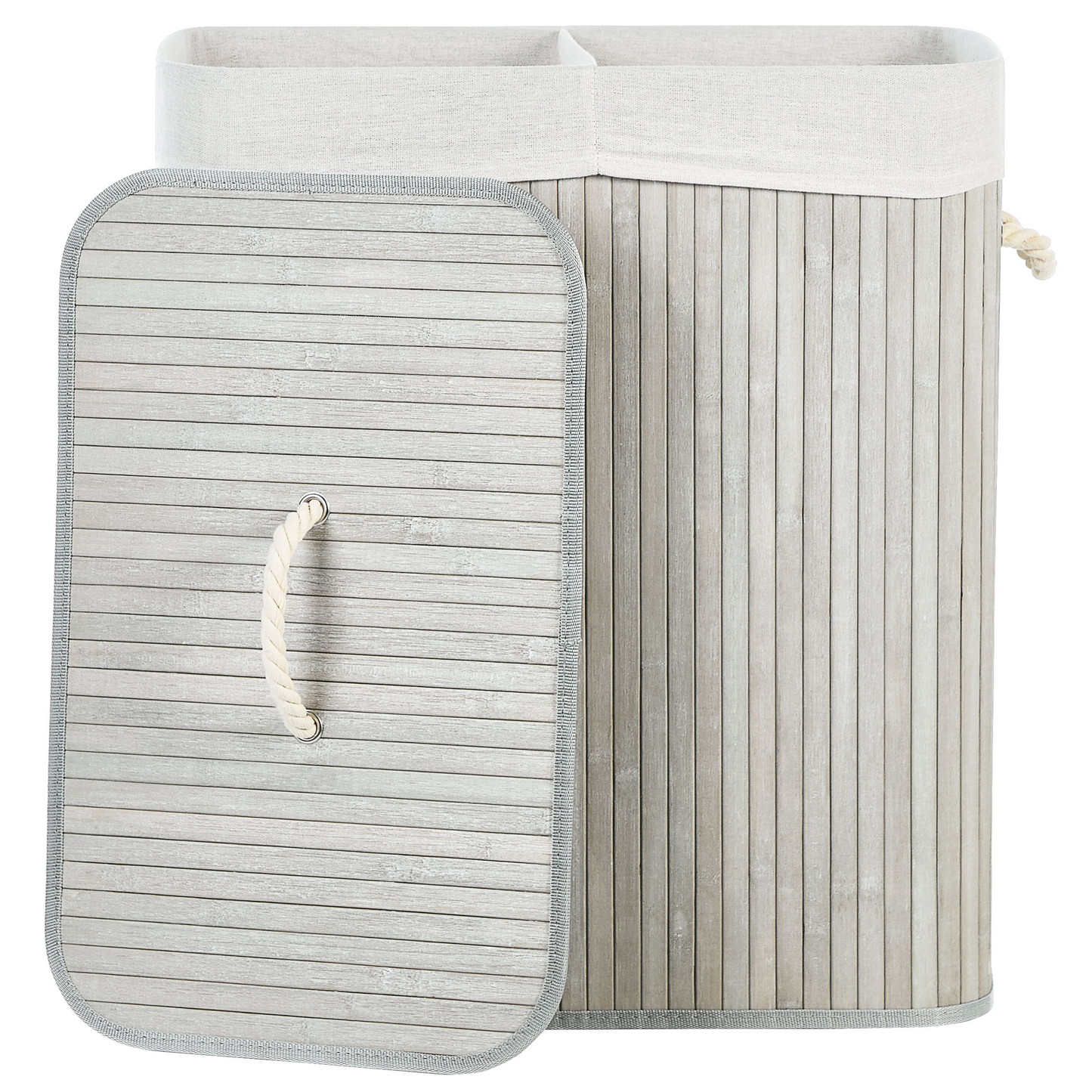 Grey Bamboo Laundry Hamper Lid Two-Compartment Rope Handles
