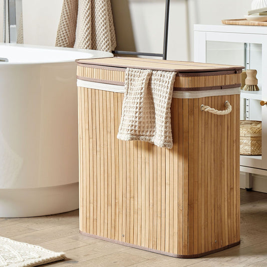 Bamboo Laundry Hamper 2-Compartment Rope Handles Zip Lid