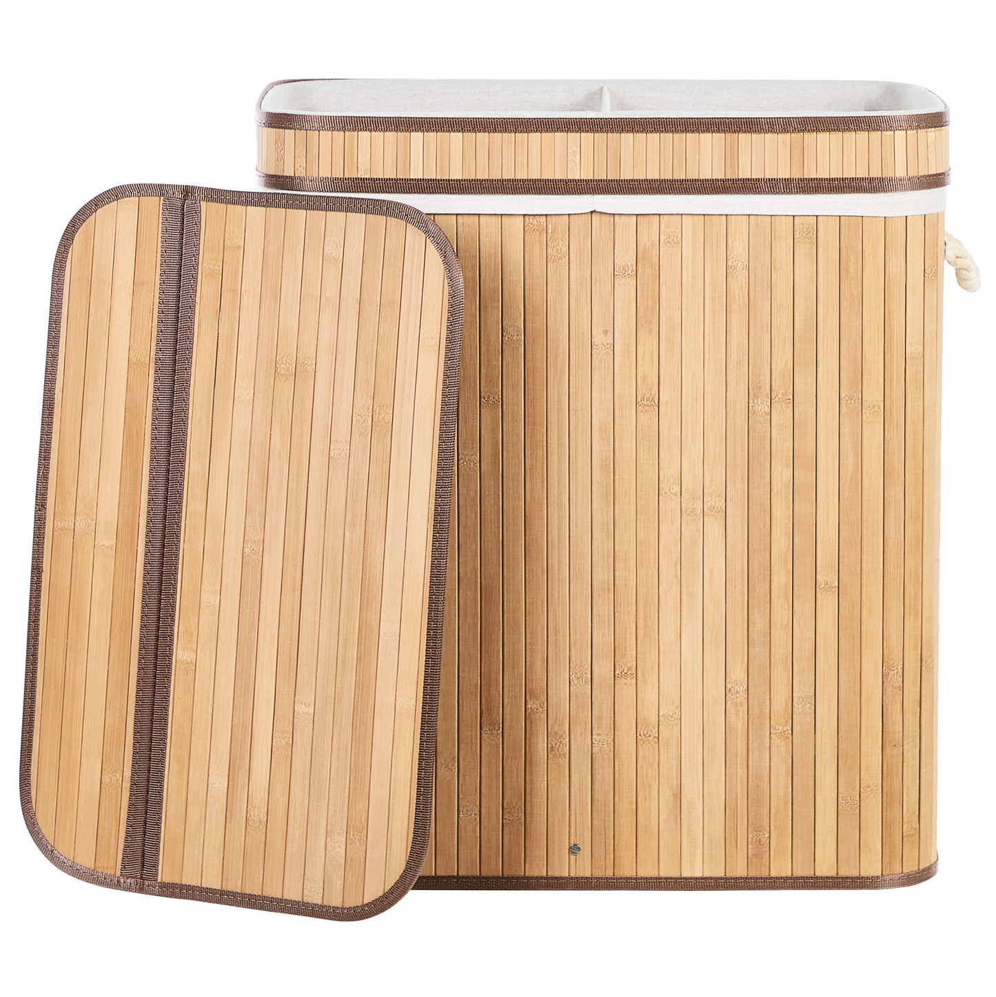 Bamboo Laundry Hamper 2-Compartment Rope Handles Zip Lid