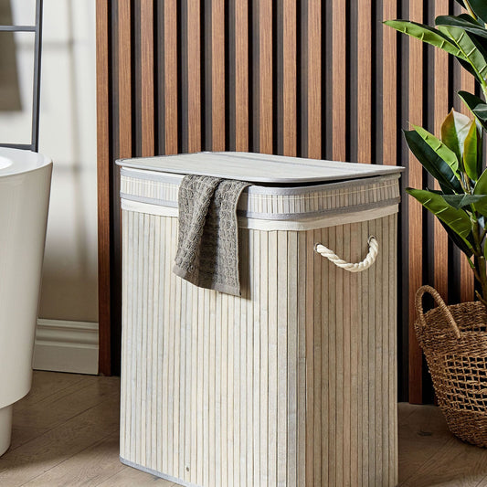 Bamboo Laundry Hamper With Zippered Lid Grey, 2 Compartments, Rope Handles, Tall Design