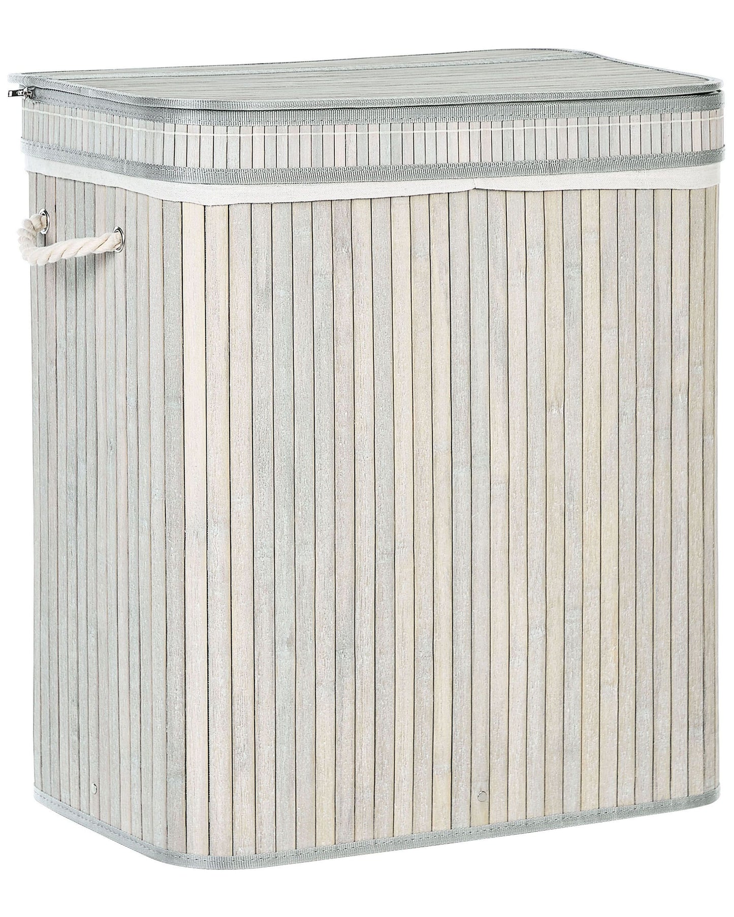 Bamboo Laundry Hamper With Zippered Lid Grey, 2 Compartments, Rope Handles, Tall Design