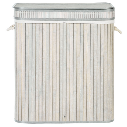 Bamboo Laundry Hamper With Zippered Lid Grey, 2 Compartments, Rope Handles, Tall Design