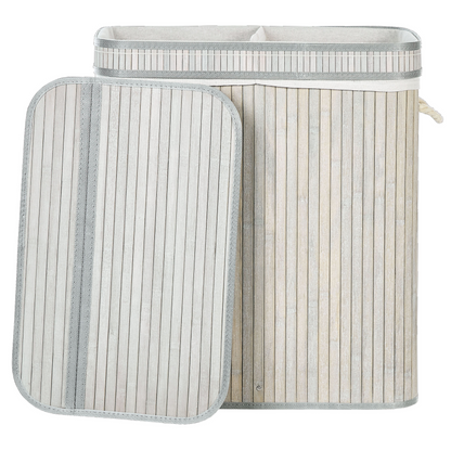 Bamboo Laundry Hamper With Zippered Lid Grey, 2 Compartments, Rope Handles, Tall Design