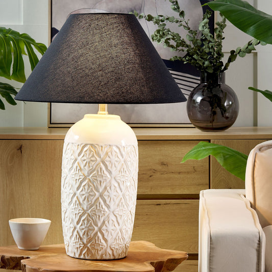 Bedside Table Lamp Beige Ceramic Base Fabric Shade