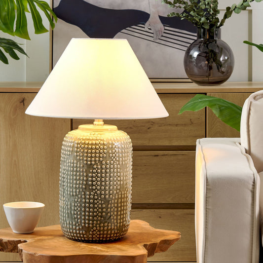 Table Lamp Grey Ceramic Base Fabric Shade Bedside Light