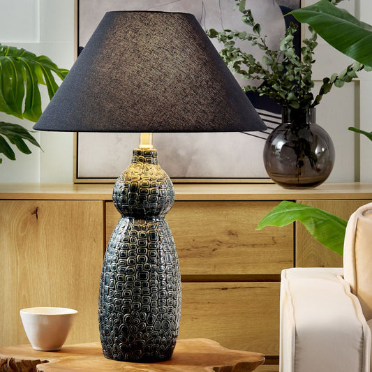 Table Lamp Dark Blue Ceramic Base Linen Shade Bedside
