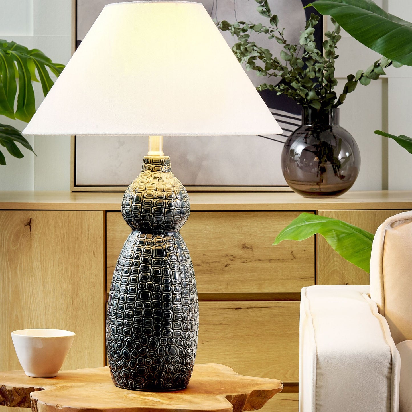 Table Lamp Dark Blue Ceramic Base White Linen Shade