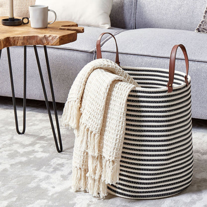 Cotton Storage Basket White Black Stripe Handmade With Handles