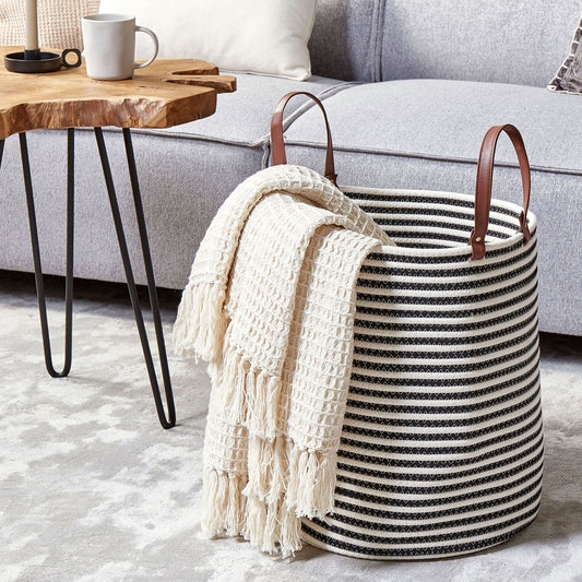 Cotton Storage Basket White Black Stripe Handmade With Handles