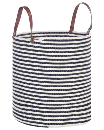 Cotton Storage Basket White Black Stripe Handmade With Handles