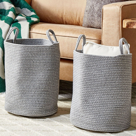 Handmade Grey Cotton Baskets Set Of 2 With Handles