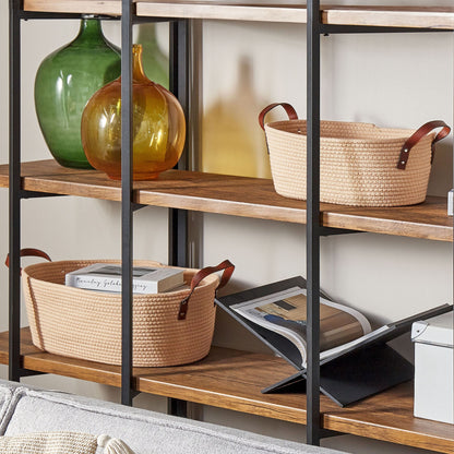 Beige Cotton Storage Baskets Set of 2 With PU Leather Handles