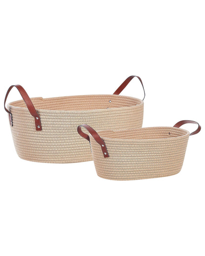 Beige Cotton Storage Baskets Set of 2 With PU Leather Handles