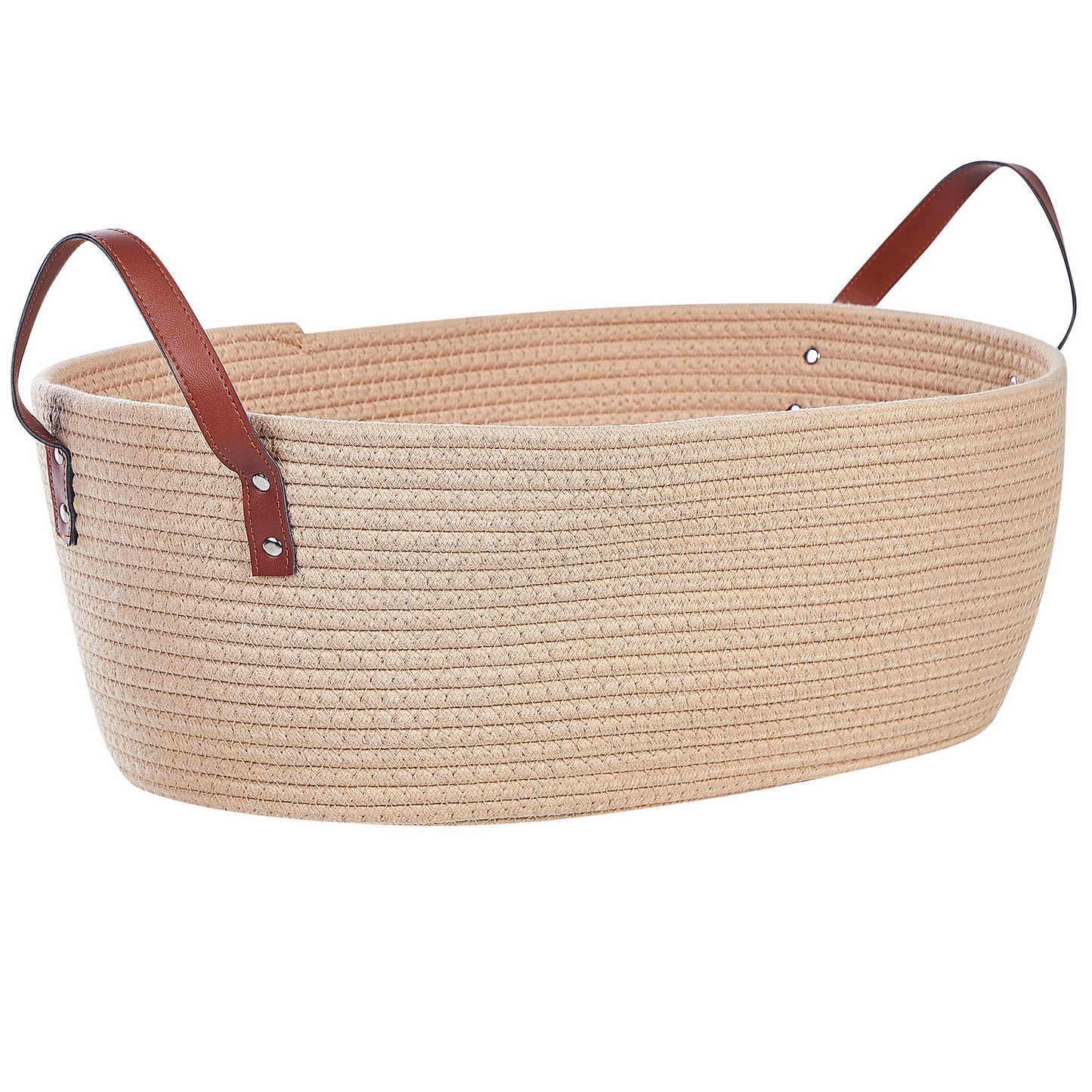 Beige Cotton Storage Baskets Set of 2 With PU Leather Handles