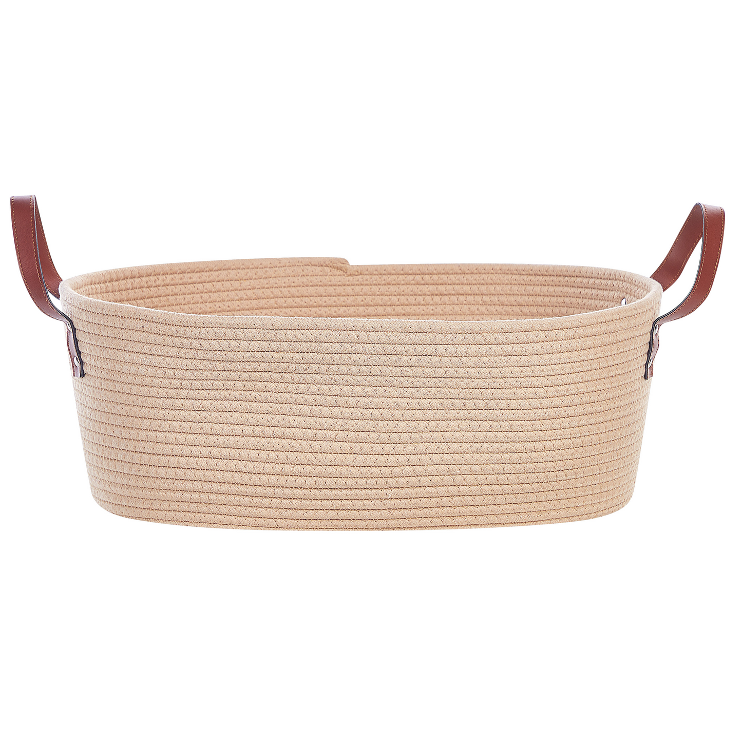 Beige Cotton Storage Baskets Set of 2 With PU Leather Handles