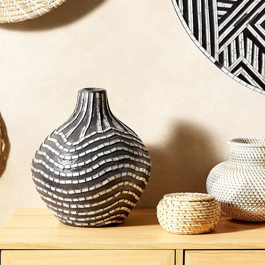 Artisan Black White Terracotta Vase 35cm Striped Boho Decor