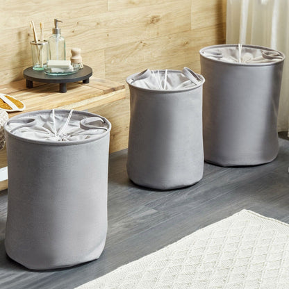 Grey Drawstring Storage Baskets Set Of 3 In Polyester Cotton For Laundry