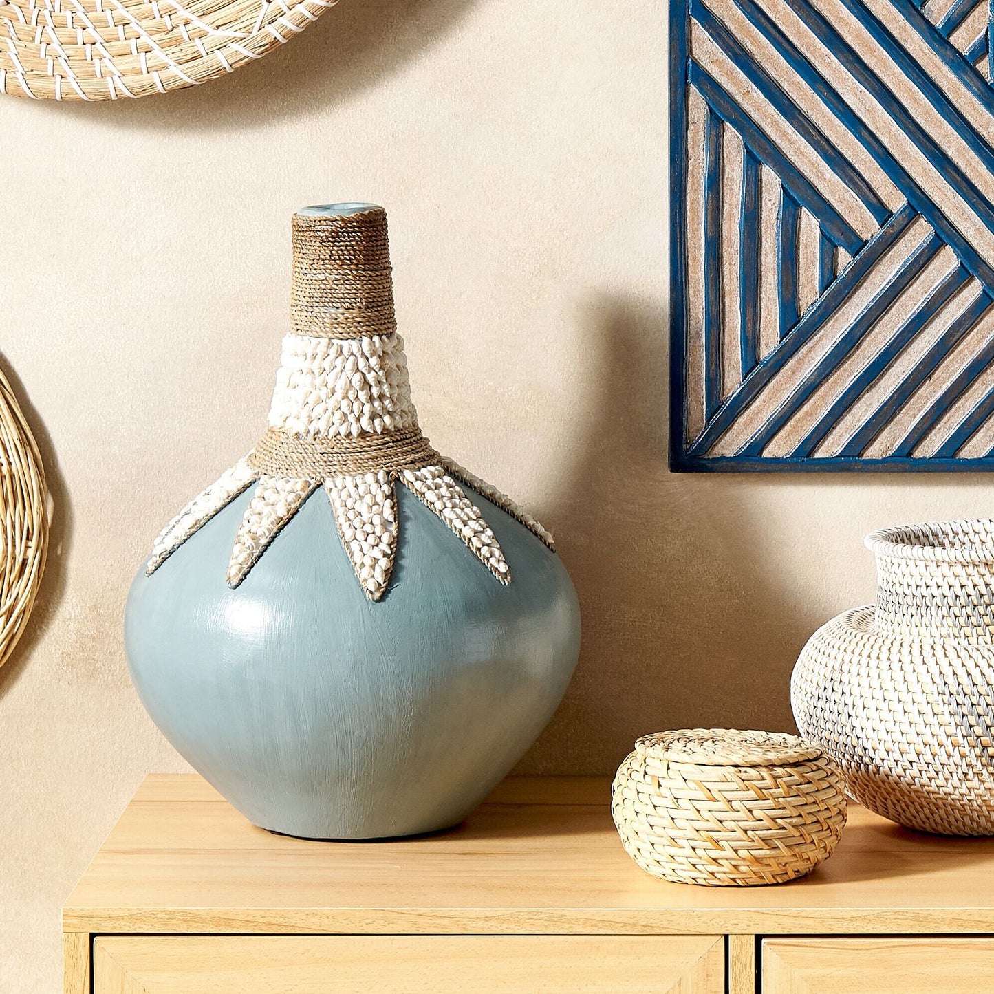 Blue Terracotta Vase Handcrafted Boho 43cm Shell Trim Rustic Pattern Home Decor Accent