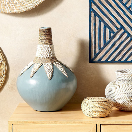 Blue Terracotta Vase Handcrafted Boho 43cm Shell Trim Rustic Pattern Home Decor Accent