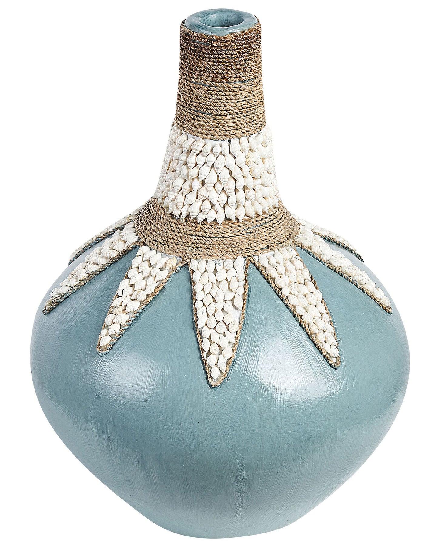 Blue Terracotta Vase Handcrafted Boho 43cm Shell Trim Rustic Pattern Home Decor Accent