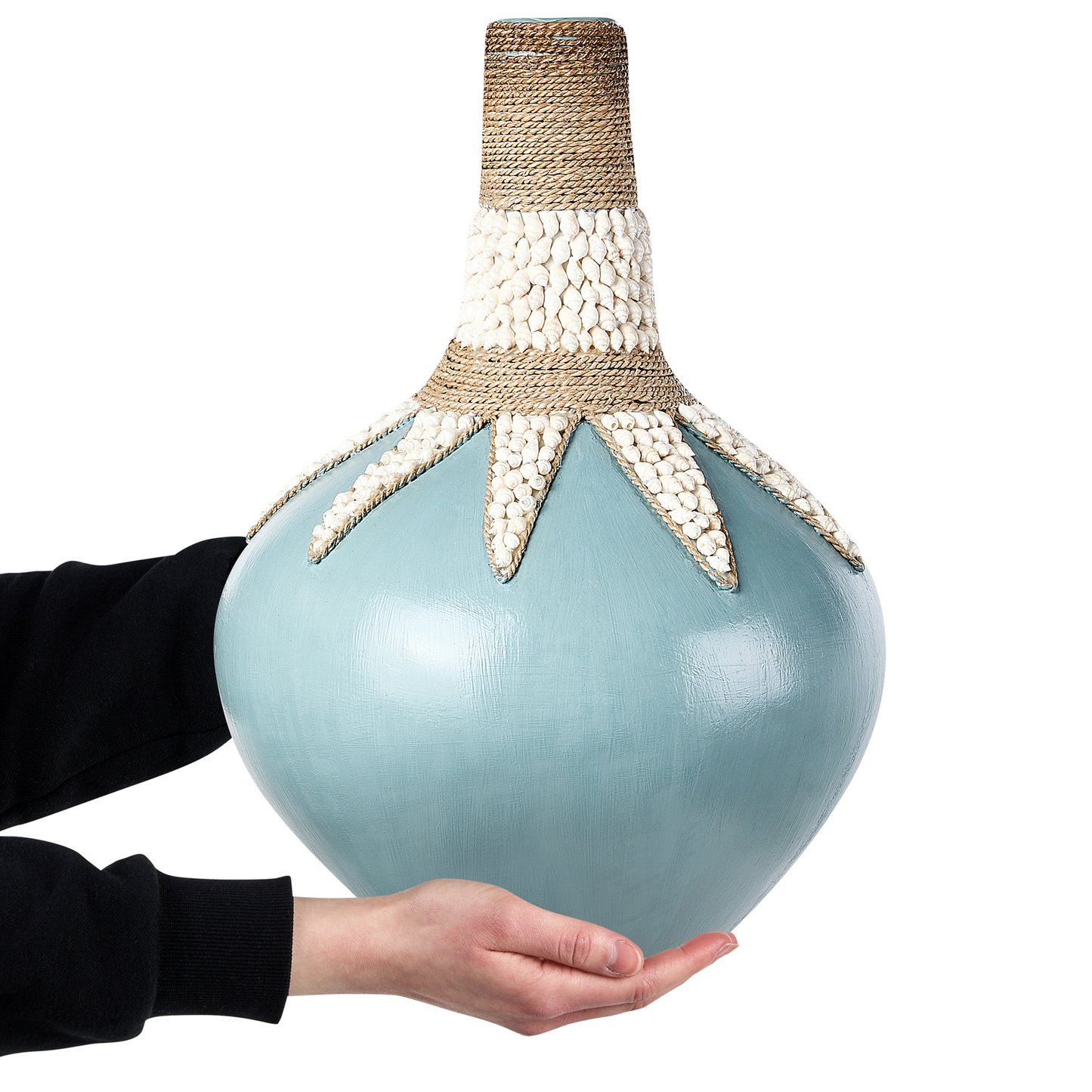 Blue Terracotta Vase Handcrafted Boho 43cm Shell Trim Rustic Pattern Home Decor Accent
