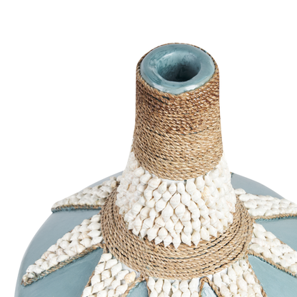 Blue Terracotta Vase Handcrafted Boho 43cm Shell Trim Rustic Pattern Home Decor Accent