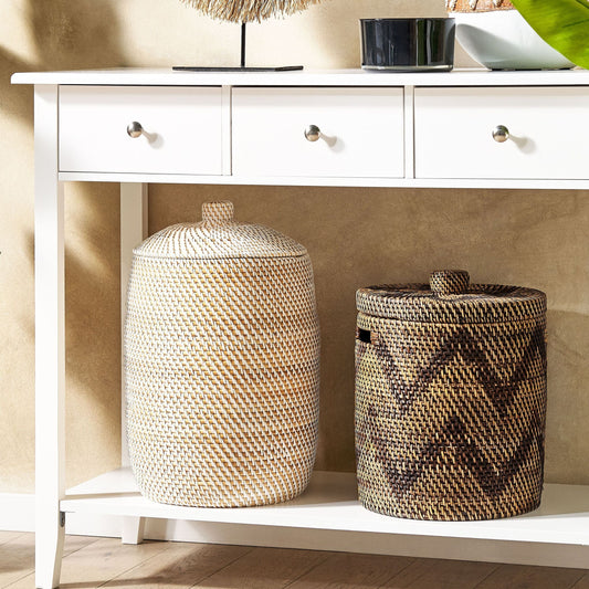 Natural Rattan Basket 40cm Height With Lid Handcrafted Boho Rustic Storage Organizer