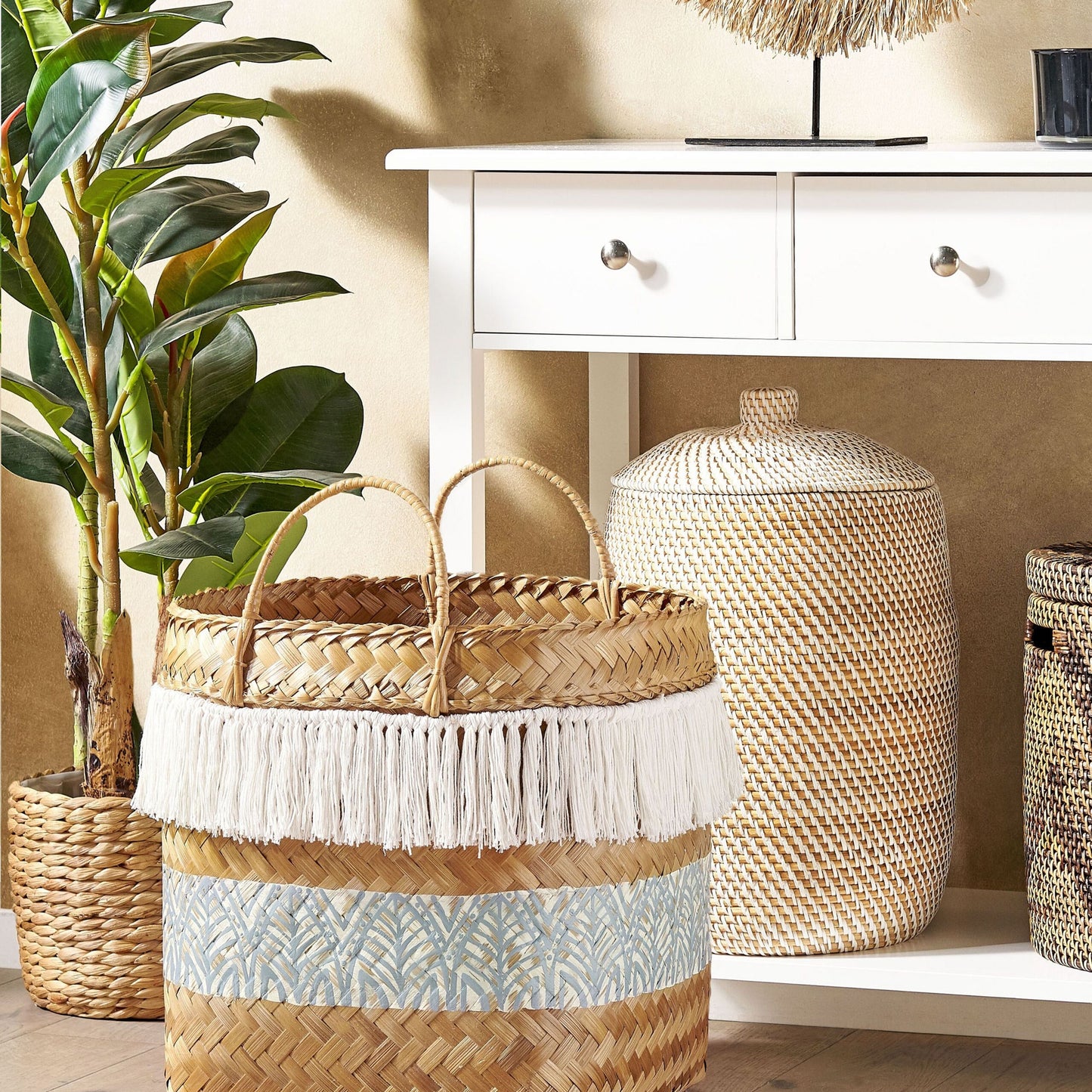 Bamboo Basket 42cm Natural With Blue Pattern And Handles