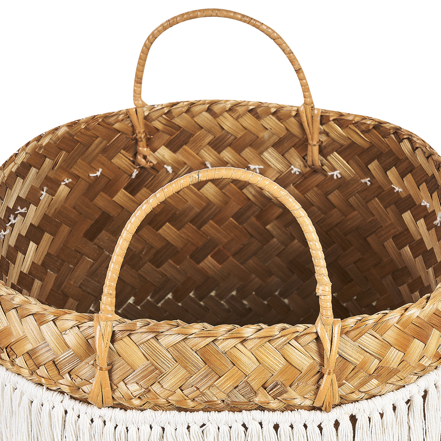 Bamboo Basket 42cm Natural With Blue Pattern And Handles