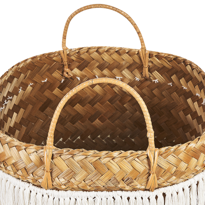 Bamboo Basket 42cm Natural With Blue Pattern And Handles
