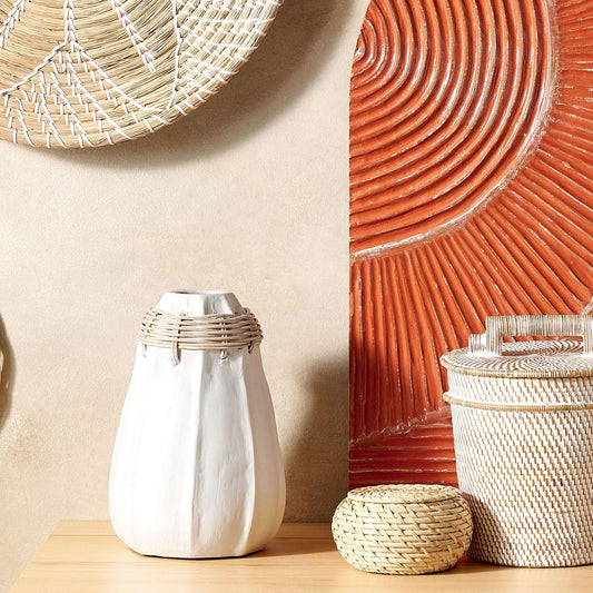White Terracotta Vase With Rattan Neck