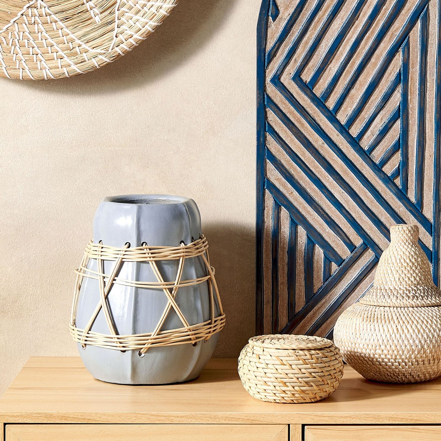 Stonewear Decorative Vase White Terracotta With Pastel Blue Accent And Woven Rattan Pattern For Dried Flowers