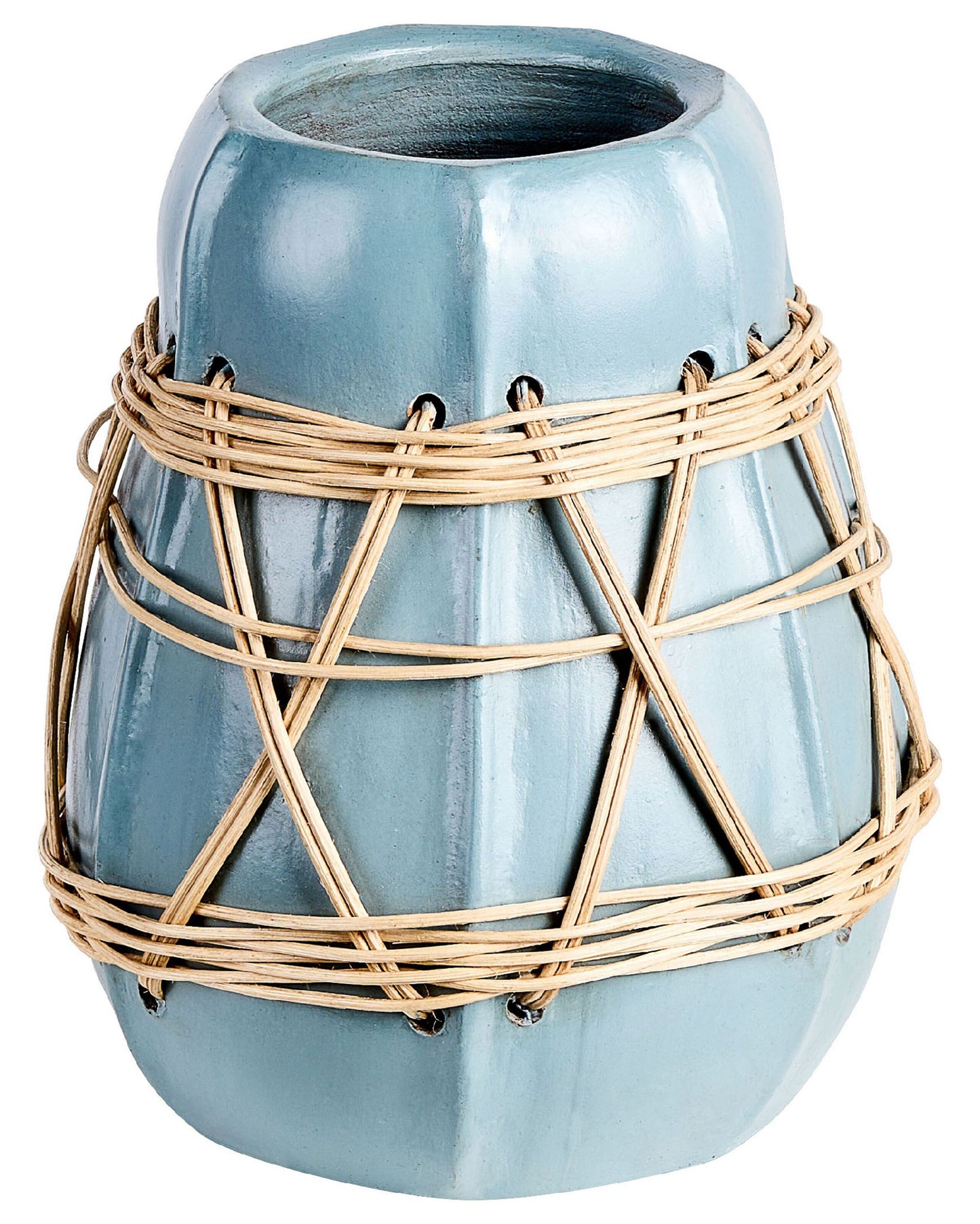 Stonewear Decorative Vase White Terracotta With Pastel Blue Accent And Woven Rattan Pattern For Dried Flowers