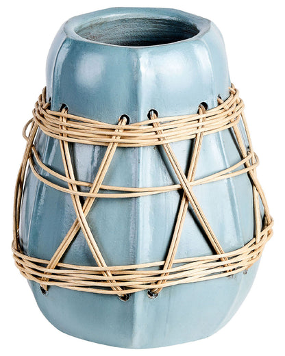 Stonewear Decorative Vase White Terracotta With Pastel Blue Accent And Woven Rattan Pattern For Dried Flowers