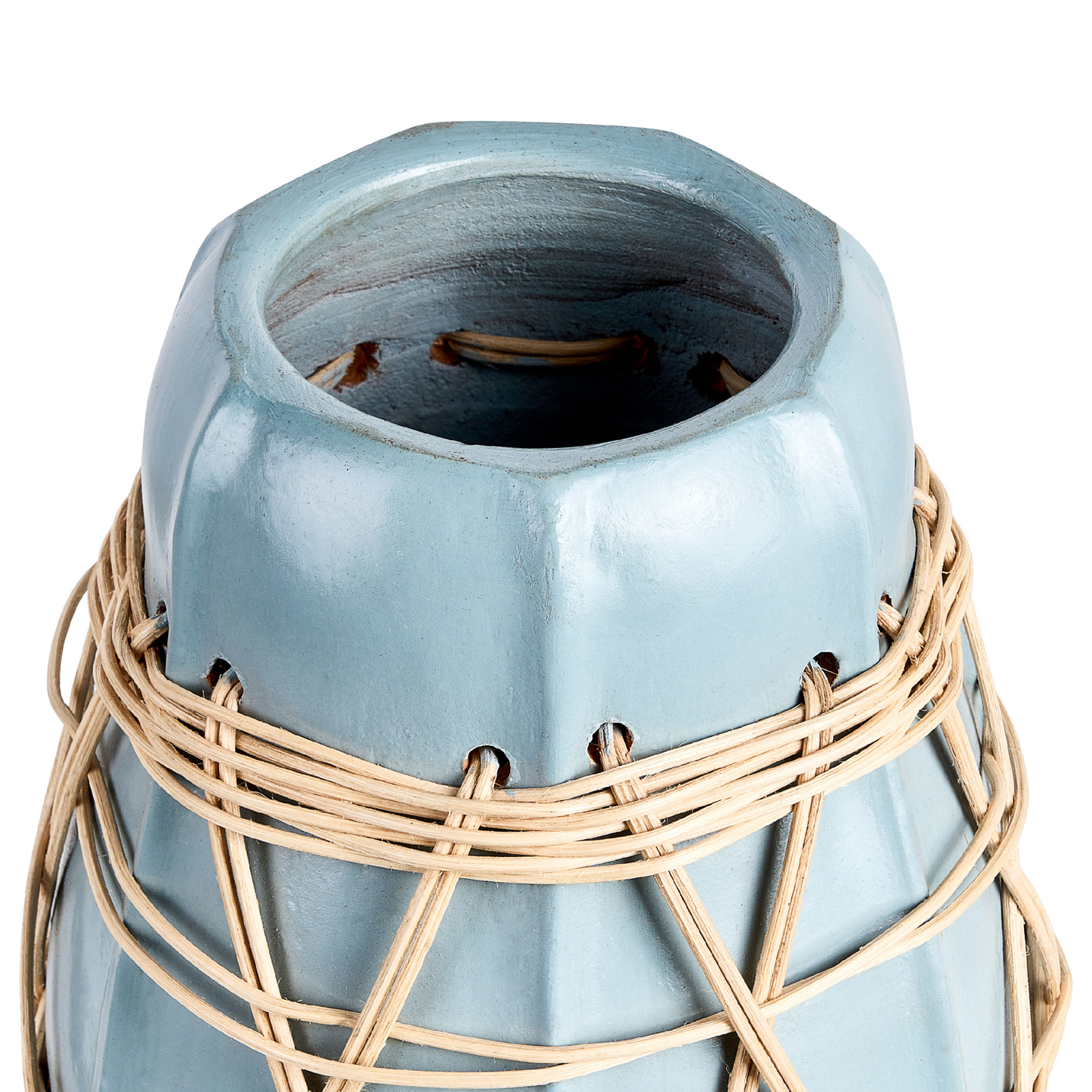 Stonewear Decorative Vase White Terracotta With Pastel Blue Accent And Woven Rattan Pattern For Dried Flowers