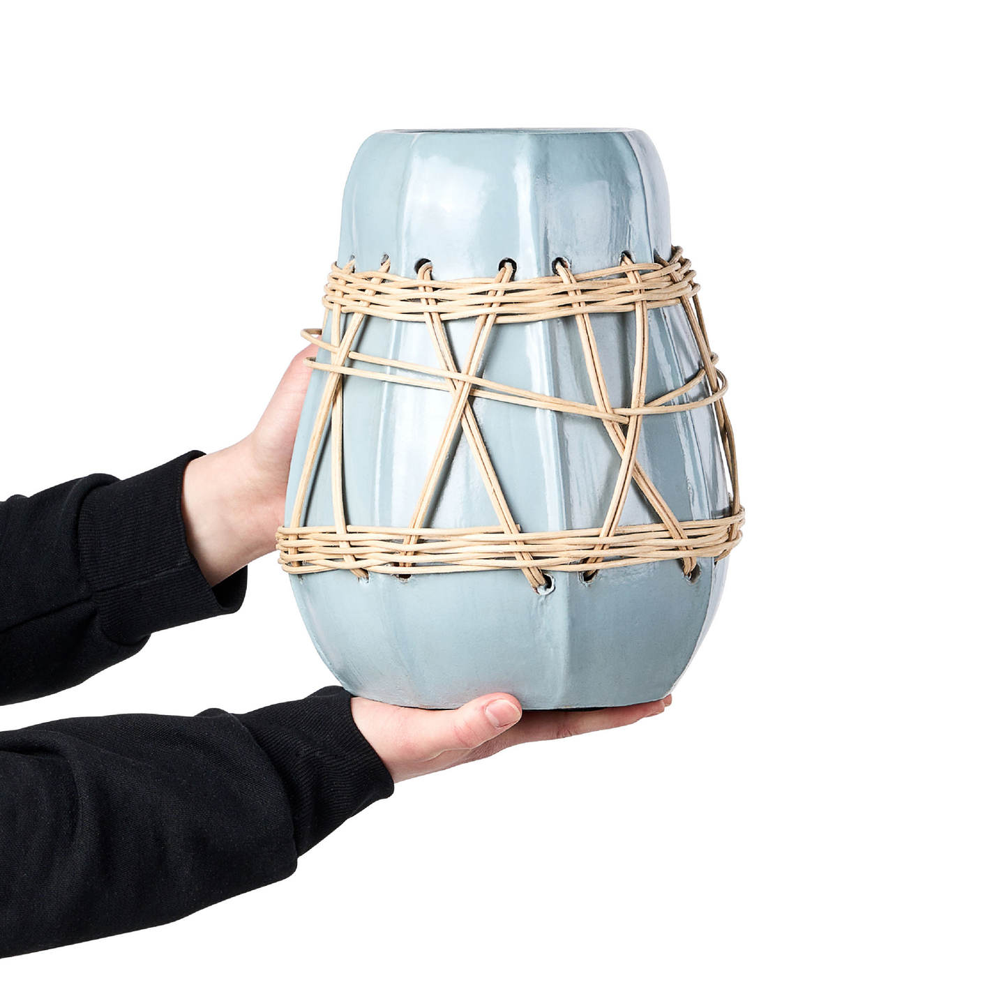 Stonewear Decorative Vase White Terracotta With Pastel Blue Accent And Woven Rattan Pattern For Dried Flowers