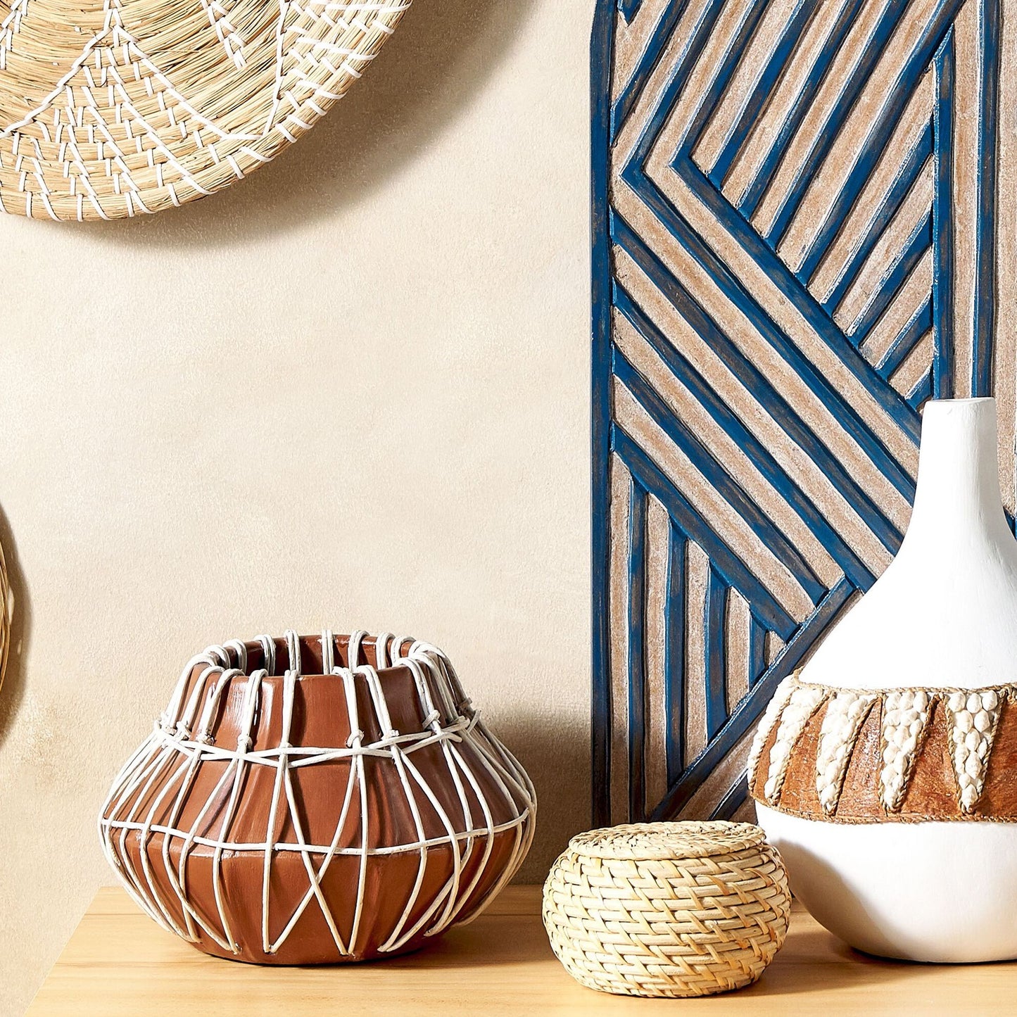 Stonewear Terracotta Vase With Rattan Braid Natural Brown Decor