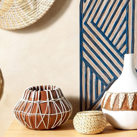 Stonewear Terracotta Vase With Rattan Braid Natural Brown Decor
