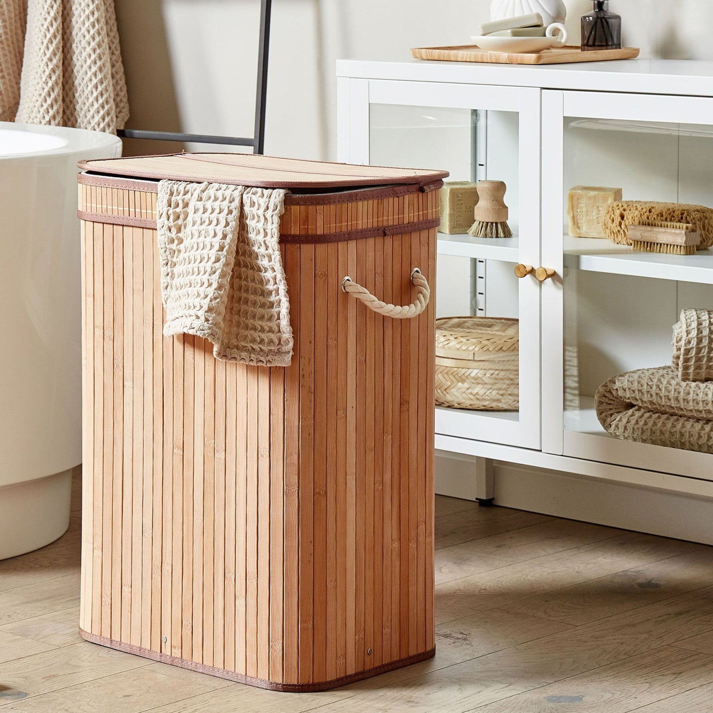 Bit Laundry Basket Light Brown Bamboo Polyester Insert With Removable Lid Handles Modern Design Multifunctional
